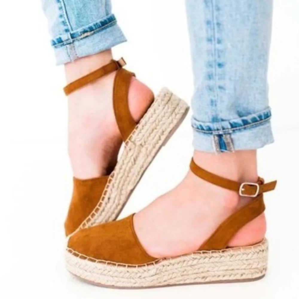 Camel Vegan Suede ankle Buckle Espadrille Wedge